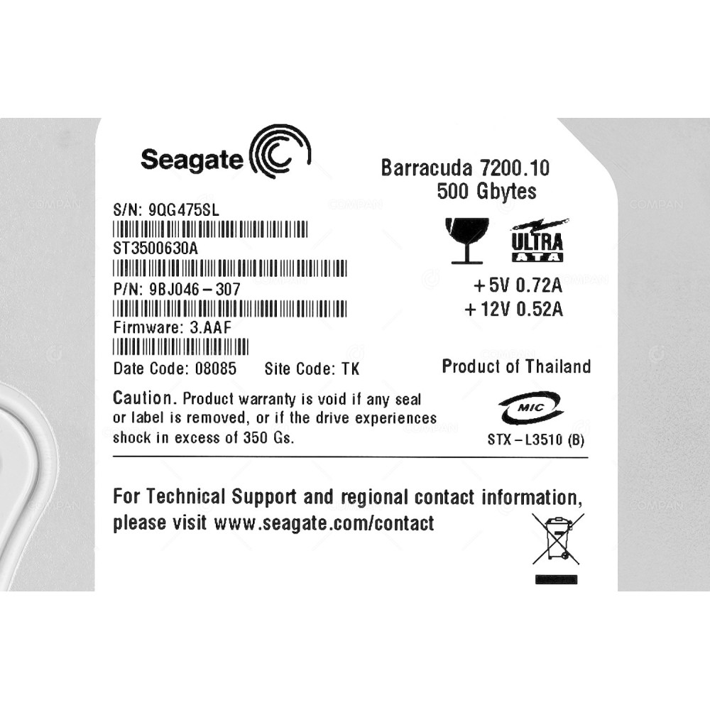 ST3500630A SEAGATE HARD DRIVE 500GB 7.2K 3.5 LFF ATA 9BJ046